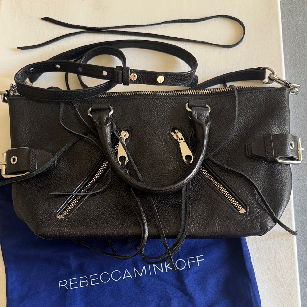 Rebecca Minkoff Black Large Pebbled Moto Leather Satchel Crossbody Silver Zipper - Picture 11 of 12